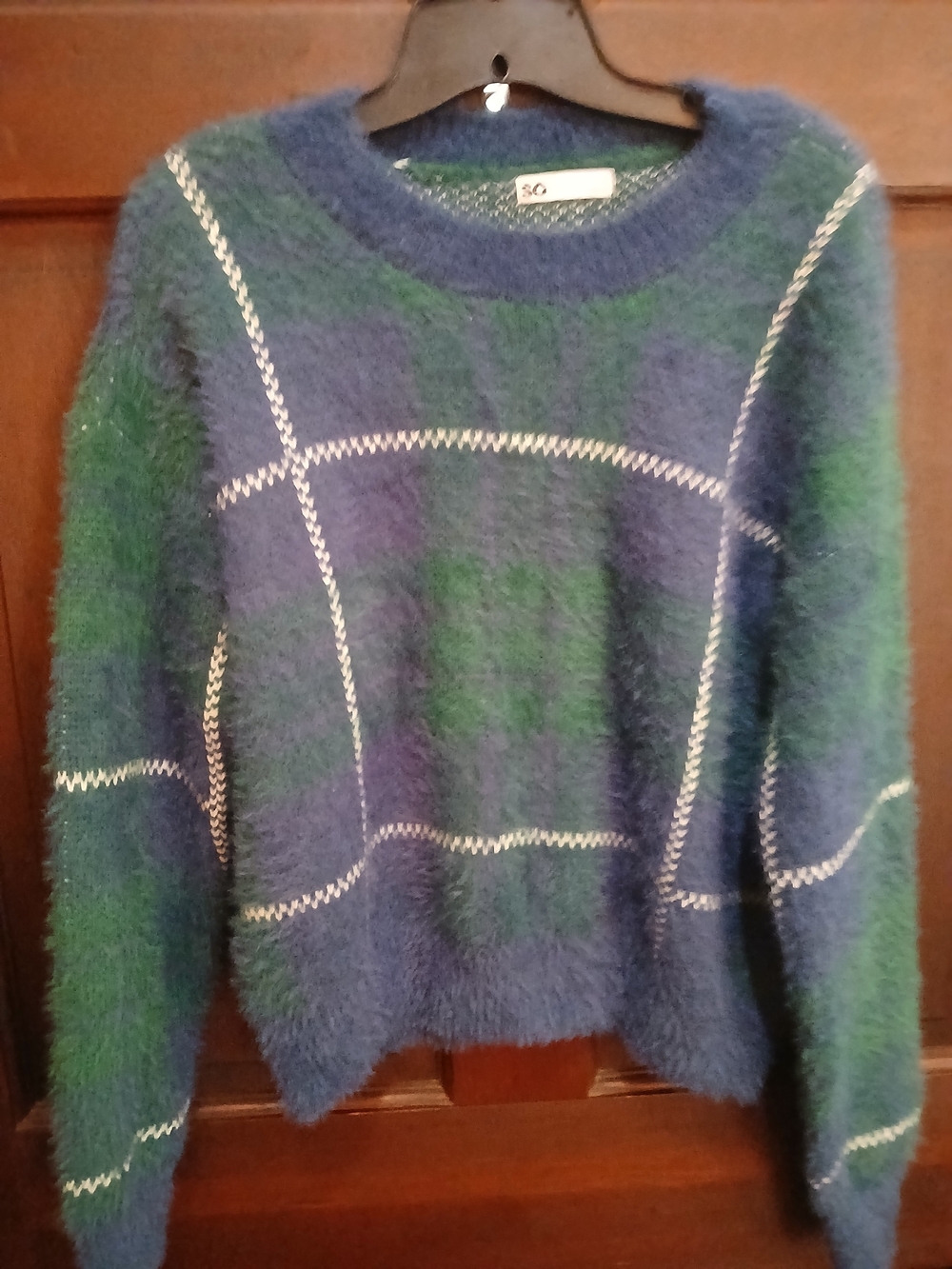 Women's Cozy Blue & Green Plaid Fuzzy Sweater - SO Brand Size L